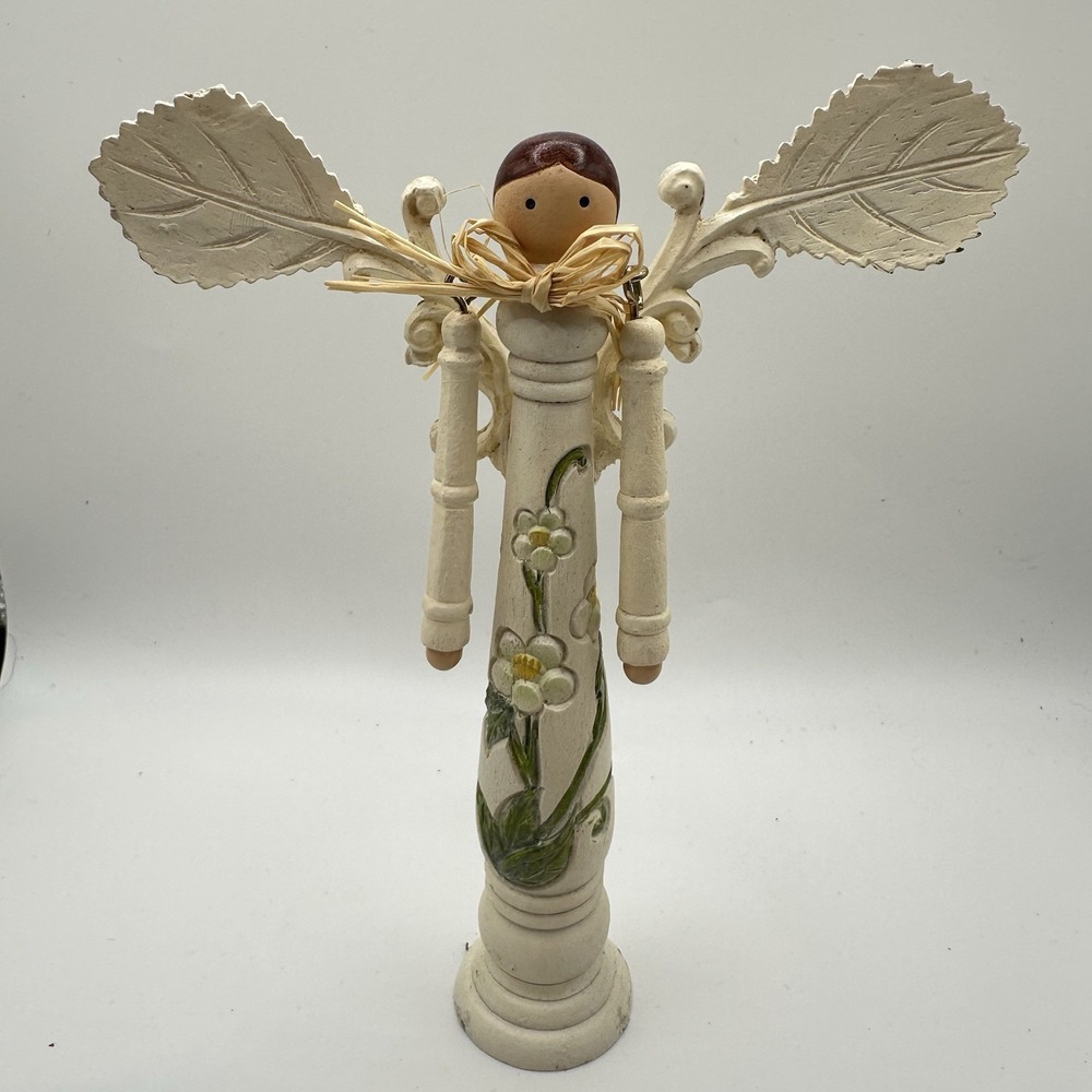 VTG Turned Wood 6 inch Angel Christmas Decoration Ivory Green Flowers Christmas
